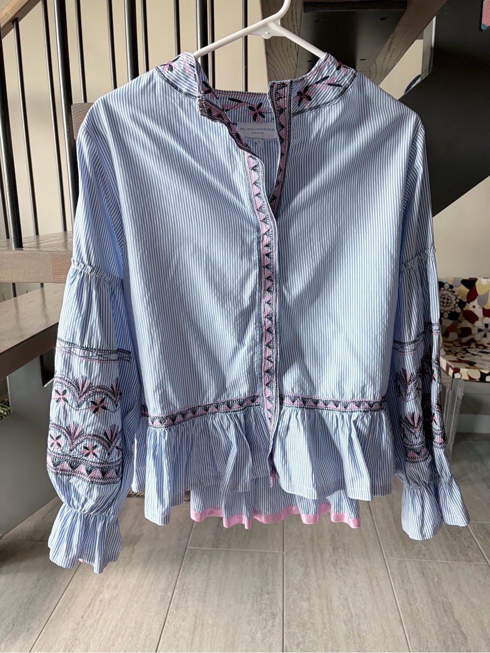 Mi Golondrina Light Blue Striped Blouse with Pink Embroidery